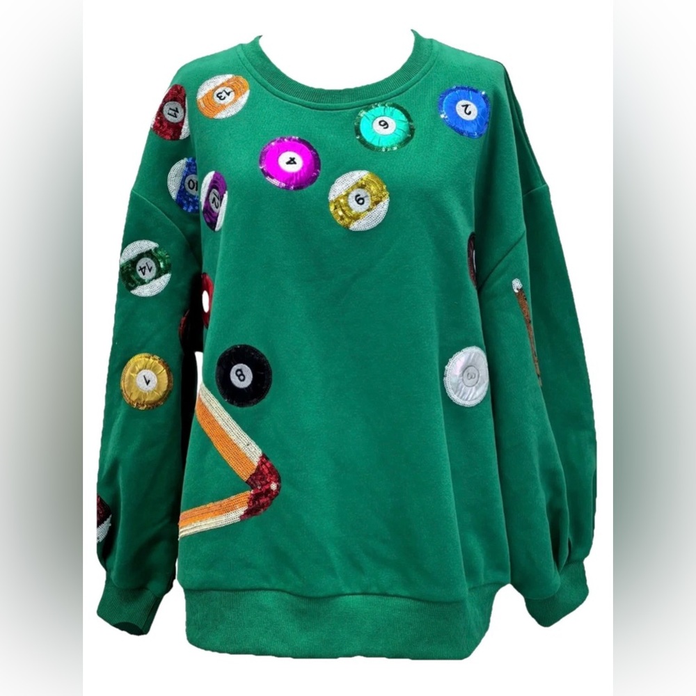 🎱NWOT Queen Of Sparkles M (Oversized) Sequined Green Pool Table Sweatshirt EUC